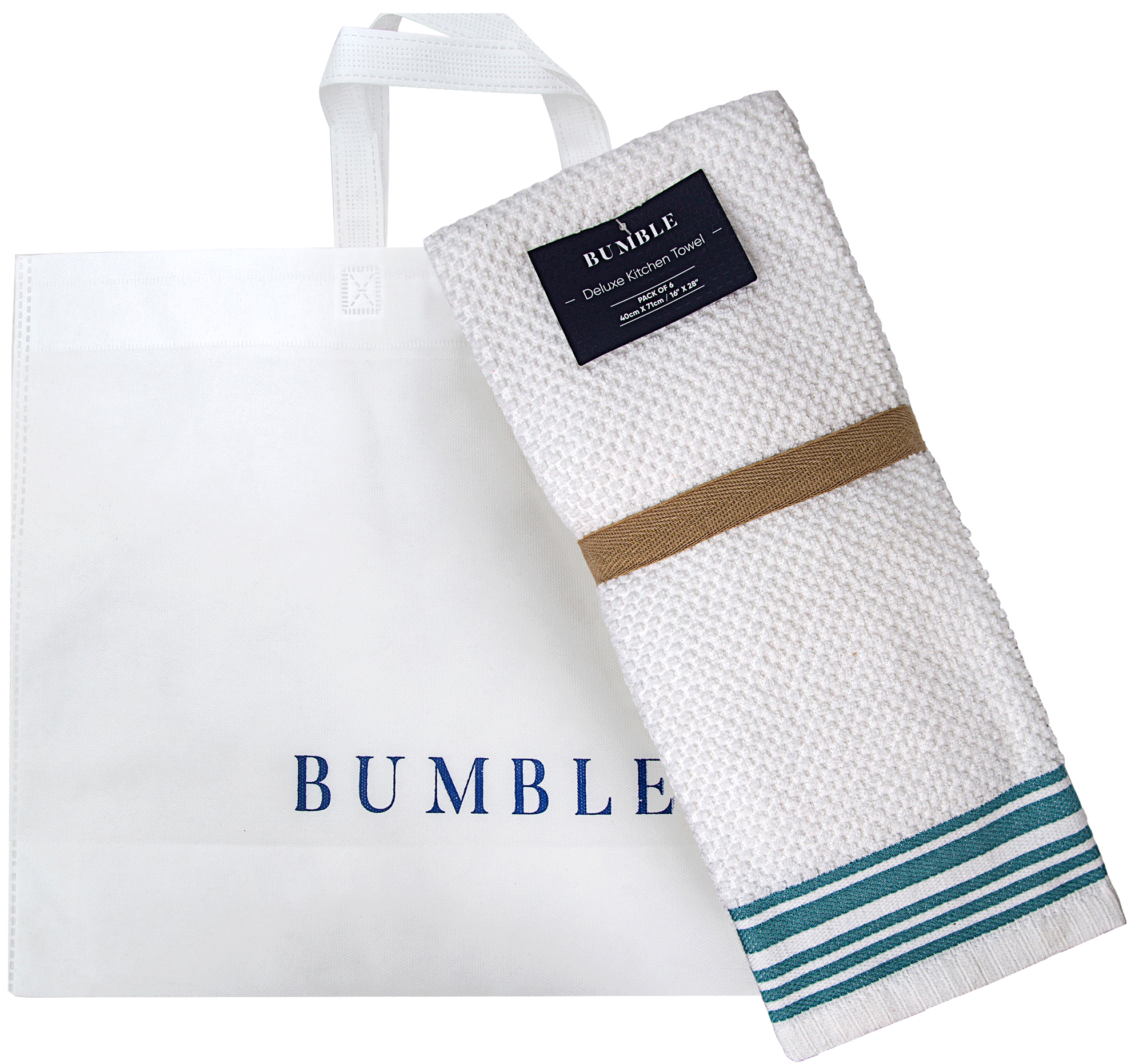 Bumble Premium Large Cotton Kitchen Towels, 16”x 28”, 6 Pack, Weft  Insert Design, 380 GSM Highly Absorbent Hand Towels Set With Hanging Loop